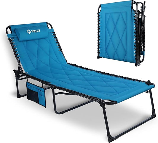 VILLEY Oversized Padded Chaise Lounge with Cushion, Foldable Camping Cot, Patio Reclining Lounge Chairs, Folding Sleeping Bed for Outdoor, Indoor, Backyard, Garden, Camping, Relaxing, Beach Tanning