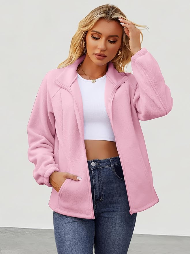Womens Zip Up Fleece Jacket With 6 Pockets Casual Long Sleeve Fall Winter Fashion Outfits Clothes 2025