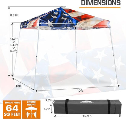EAGLE PEAK 10x10 Slant Leg Pop-up Canopy Tent Easy One Person Setup Instant Outdoor Beach Canopy Folding Portable Sports Shelter 10x10 Base 8x8 Top (Stars and Stripes)