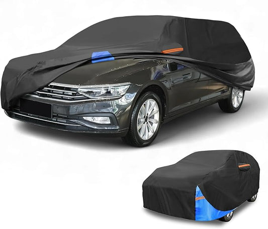 Waterproof All-Weather Universal Car Cover with Right Side Zipper, 210D-PU Black Blue Fits for Wagon 190" to 198" Length