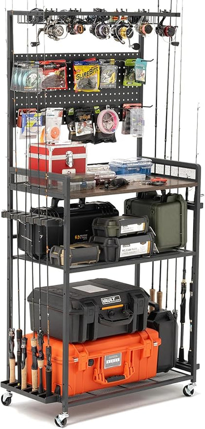 SOYEEZE Large Size Fishing Rod Holders for Garage, Heavy Duty 4-Tier Fishing Pole Rack Holds up to 12 Rods with Pegboard and Hooks, Fishing Gear Organizer, Fishing Storage Cart with Lockable Wheels