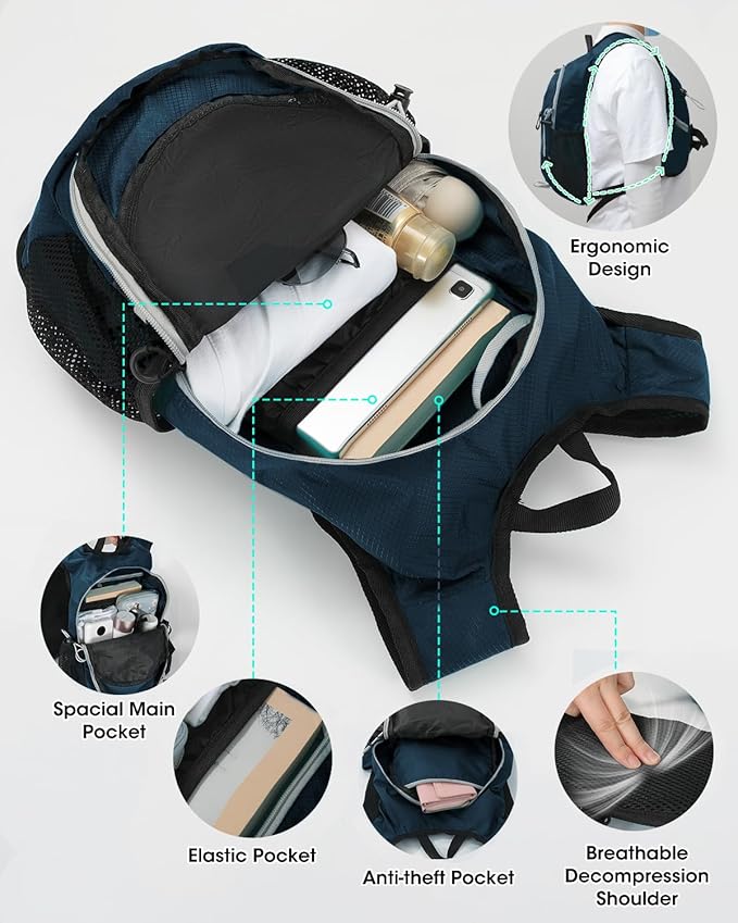 Small Hiking Backpack with Front Phone Holder, Packable Back pack with Chest and Waist Strap, Lightweight Daypack for Women Men