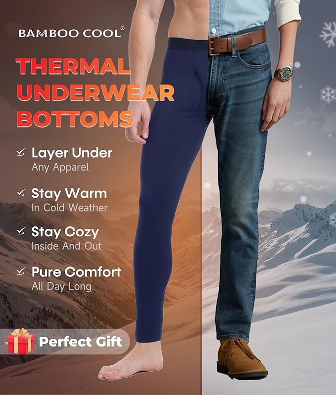 Men's Lightweight Thermal Underwear Bottoms Fleece Lined Long Johns for Men Base Layer Pants for Cold Weather