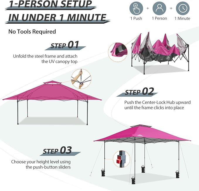 EAGLE PEAK 13x13 Straight Leg Pop Up Canopy Tent Instant Outdoor Canopy Easy Single Person Set up Folding Shelter w/Auto Extending Eaves 169 Square Feet of Shade (Light Pink)