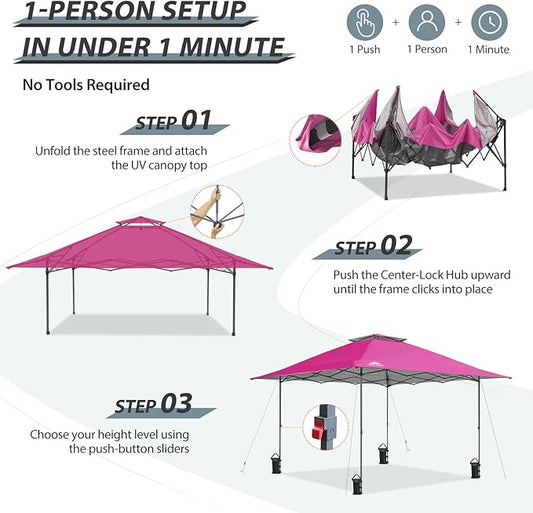 EAGLE PEAK 13x13 Straight Leg Pop Up Canopy Tent Instant Outdoor Canopy Easy Single Person Set up Folding Shelter w/Auto Extending Eaves 169 Square Feet of Shade (Light Pink)