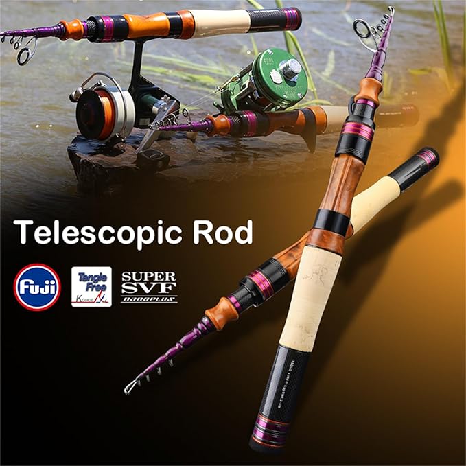 PURELURE Telescopic Fishing Rod Spinning & Casting, Fuji Alconite Ring, Detachable Handle Closed Length 9.8in, Spare Carbon Solid Tip, Solid Wood Reel Seat Lightweight 3A-Grade Cork Handle Travel Rod