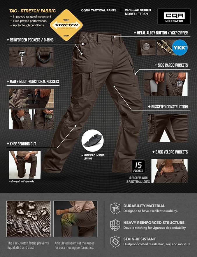 CQR Men's Flex Stretch Tactical Pants, Water Resistant Ripstop Cargo Pants, Lightweight EDC Outdoor Work Hiking Pants