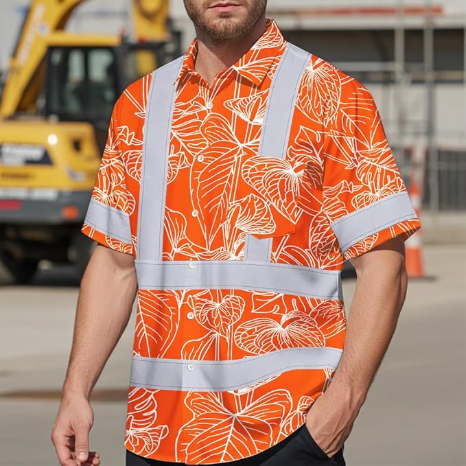 High Visibility Hawaiian Shirt for Men Tropical Shirts Custom Name Floral Outfit Reflective Safety Workwear