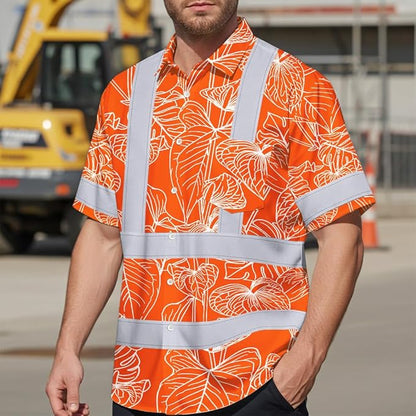High Visibility Hawaiian Shirt for Men Tropical Shirts Custom Name Floral Outfit Reflective Safety Workwear
