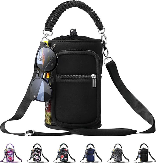 32/40/64/87/128 oz Water Bottle Carrier Bag, Neoprene Water Bottle Sleeve with 4 Pocket, Sport Water Holder with Paracord Handle and Shoulder Strap for Walking Hiking Camping Gym