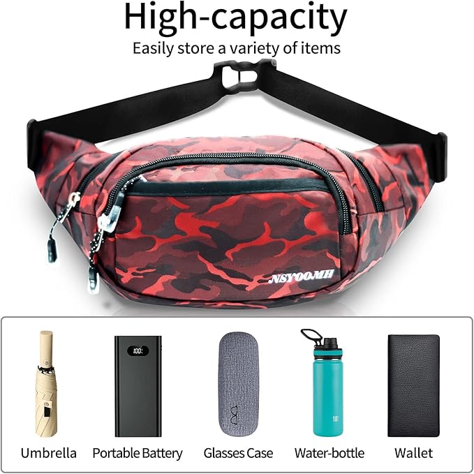 Crossbody Fanny Packs for Women, 5-Zipper Pockets Water Resistant Practical Waist Bag, for Outdoor Running Cycling Sports Travel Hiking Camping Fishing Fashionable Belt Bags