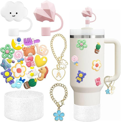 Stanley Cup Accessories Set Including 2 Pcs Straw Cover Cap for 9-10 mm Straws, 15 Pcs 3D Stickers, 2 Pcs Handle Charms, 1 Pcs Bling Silicone Boot Sleeve for Stanley Cup 40oz & 30oz Tumbler