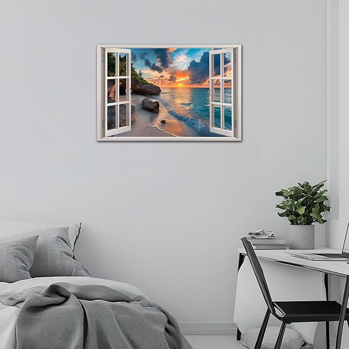 ANRUOXI Beach Window Canvas Wall Art, Enclosed Bedroom Living Room Ocean Coastal Channel Scene Picture, Tropical Sea Landscape Painting Print Artwork Horizontal Seascape Artwork for Bedroom 32x48 Inch