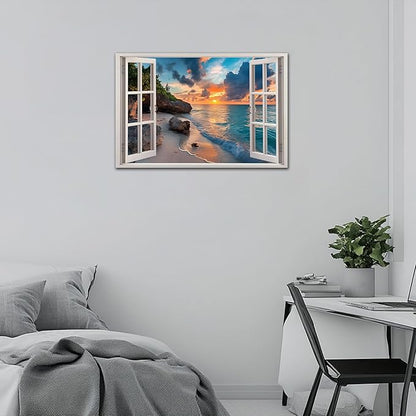 ANRUOXI Beach Window Canvas Wall Art, Enclosed Bedroom Living Room Ocean Coastal Channel Scene Picture, Tropical Sea Landscape Painting Print Artwork Horizontal Seascape Artwork for Bedroom 32x48 Inch