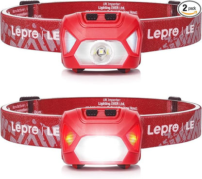 Lepro 320015 Battery Powered Headlamp - 1300Lux Super Bright LED Head Lamp with Red Light, IPX4 Waterproof Headlights for Outdoor Camping, Hiking, Hunting, Power Outages, Emergency, Hurricane - Red