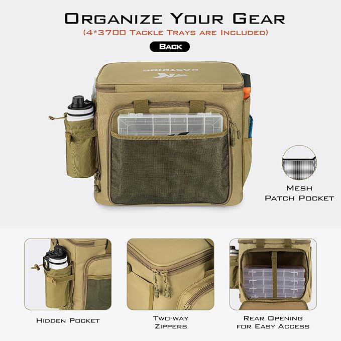 KastKing Karryall Fishing Tackle Bags with 4 * 3700 Tackle Trays, Fishing Bags for Saltwater or Freshwater Fishing - Fishing Gear Storage, Khaki
