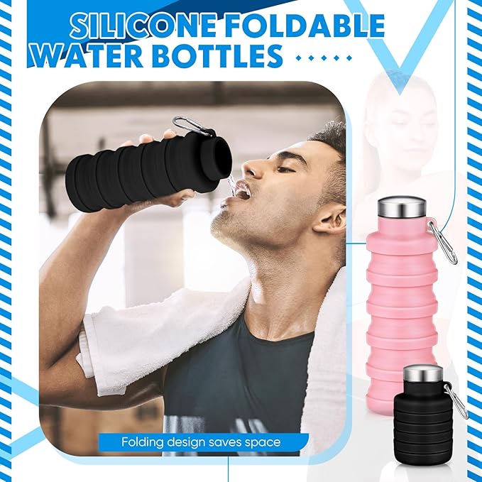 Baderke 2 Pcs Collapsible Water Bottles 17oz Silicone Travel Foldable Portable Water Bottle with Buckle Silicone Lightweight Reusable Leakproof for Camping Hiking Cycling Sport(Pink, Black)