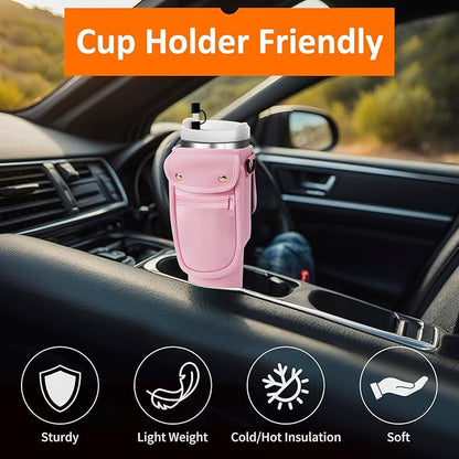 Water Bottle Carrier Bag with Phone Pocket for Stanley 40/30 oz Tumbler Neoprene Insulated Mug Sleeve Pouch with 2 Pockets & Adjustable Strap & Straw Cover for Stanley Cup Accessories