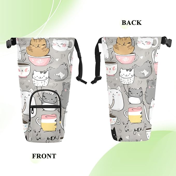 Grey Cat Water Bottle Holder with Strap Insulated Water Bottle Carrier Crossbody Bags Pouch with Phone Pocket for Travel Gym Hiking Walking Running