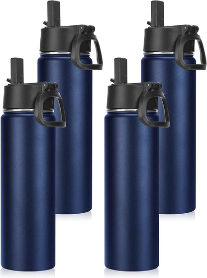 Neihepal 22 oz Insulated Water Bottles Bulk, Double Walled Vacuum Stainless Steel Water Bottle Multipack with Leak Proof Straw Lid for Men, Adults, Kids, Gym, Sports (Navy,4 Pack)