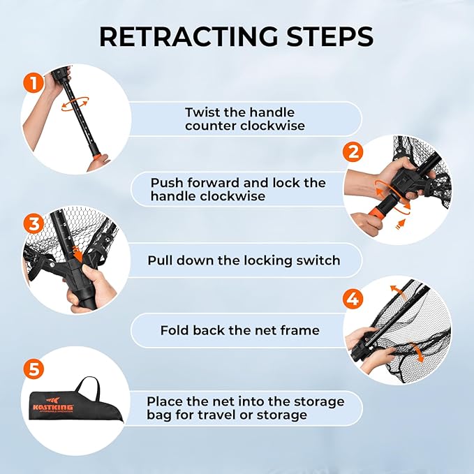 KastKing Brutus Folding Landing Net with Boat Hook, Foldable, Extendable, Lightweight & Strong, Multi-Functional Built-in Boat Hook, Non-Slip & Bright Orange TPR Handle, Two Nets Options