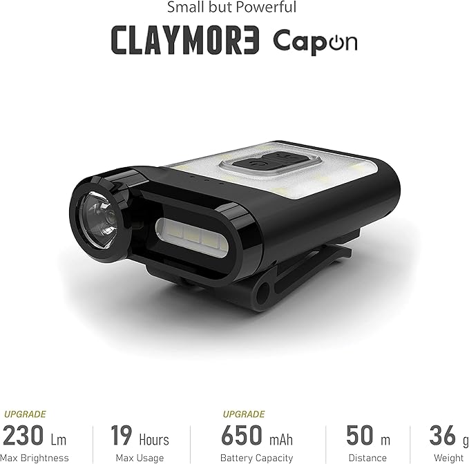 Claymore Capon 65A+ Tan Ultra-Light Clip-On Cap Light – USB-C Rechargeable 230LM LED Compact Headlamp | 3 Modes IP54 Water-Resistant Up to 19 Hrs Runtime for Camping, Running, Outdoor