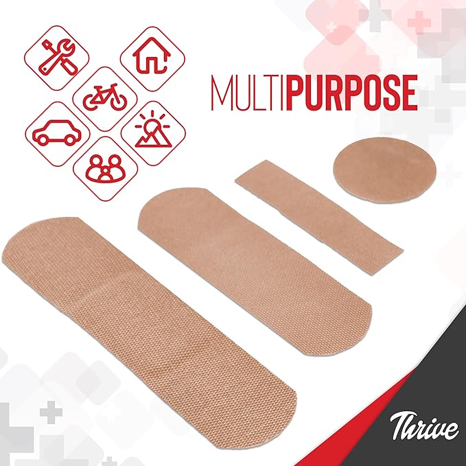 Thrive Bulk Bandages Variety Pack - 305 Count, Red - Travel Fabric & Waterproof Adhesive Bandages & Band Aids with Zipper Pouch