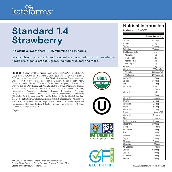 KATE FARMS Organic 1.4 High Calorie Nutrition Shake, Strawberry, 20g Protein, 27 Vitamins and Minerals, Meal Replacement, 11 oz (12 Pack)