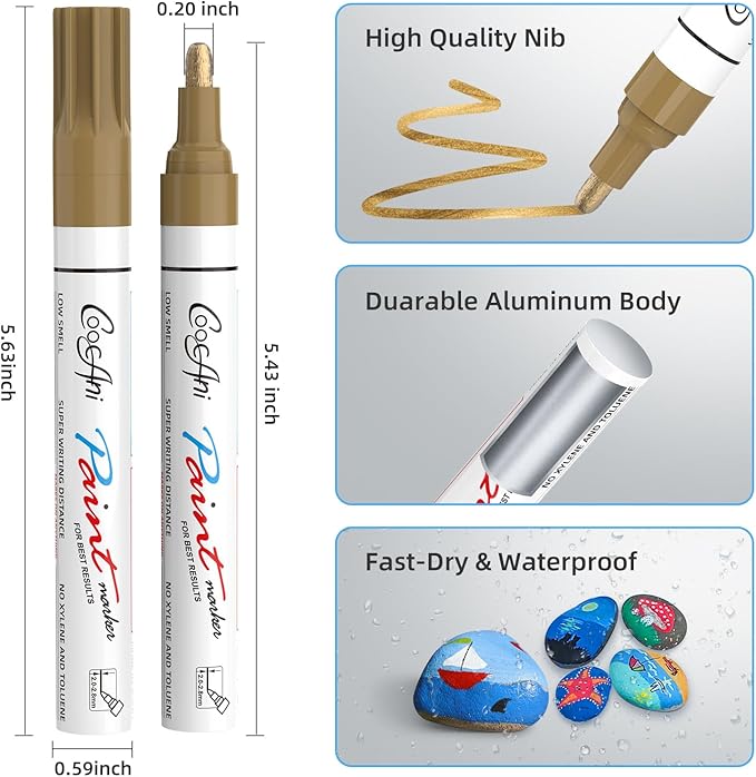 Paint Markers Paint Pens, Set of 2 Gold Oil Based Permanent Markers for Rock Painting, Metal,Glass,Ceramic,Wood,Canvas DIY Crafts Art Project (Gold,2 Pack)