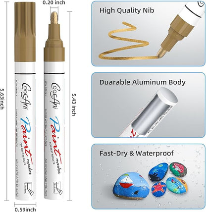 Paint Markers Paint Pens, Set of 2 Gold Oil Based Permanent Markers for Rock Painting, Metal,Glass,Ceramic,Wood,Canvas DIY Crafts Art Project (Gold,2 Pack)