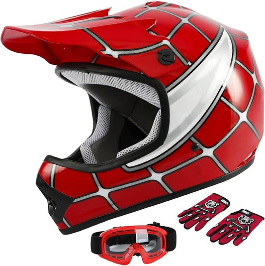 SLMOTO Dot Youth Kids Helmet Motocross Offroad Street Helmet Motorcycle Helmet Dirt Bike Motocross ATV Red Spider Design Helmet+Goggles+Gloves X-Large
