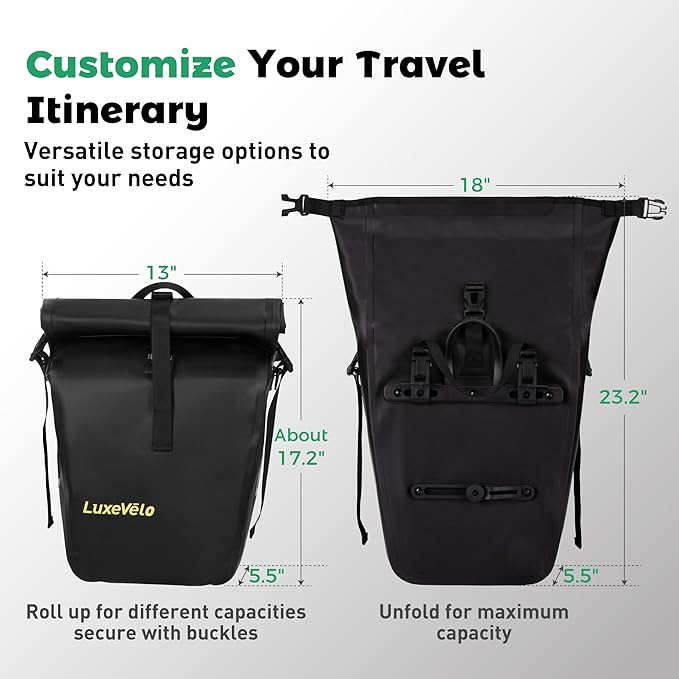Luxevelo Lightweight Bike Pannier Bag – 27L Expandable Weather-Resistant Storage, 550D Durable PVC with Reflective Safety Strips, Multi-Functional Rack/Shoulder Bag for Commuting/Travel/Cycling