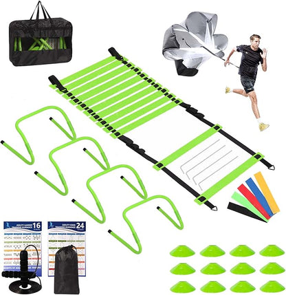 Agility Ladder, Agility Speed Training Set, 20ft 12 Rung Agility Ladder, 4 Agility Hurdles, 5 Resistance Bands, 12 Resistance Cones, Running Parachute, Jump Rope for Athletes, Adults