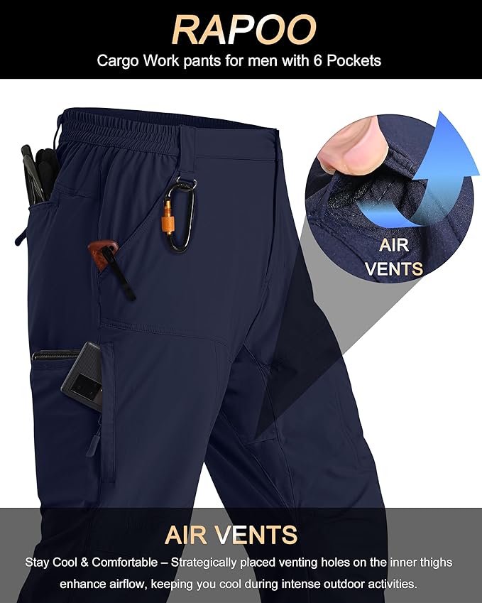 Rapoo Mens Hiking Pants Lightweight Water Resistant Breathable Nylon Cargo Pants with 6 Pockets