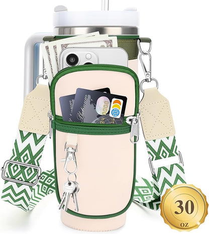Water Bottle Carrier Bag with Strap for Stanley 40/30 oz Tumbler with Handle, Water Bottle Holder Pouch with Phone Pocket for Stanley Cup Accessories, fit Walking Hiking Travel