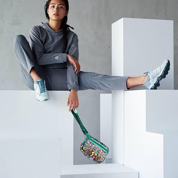 Yewande&co Neoprene Fanny Pack Belt Bag – Lightweight Waterproof Waist Bag with Adjustable Strap, 3 Zippered Pockets, Crossbody Belt Bag for Travel, African Design Crossbody Bags (Mask)