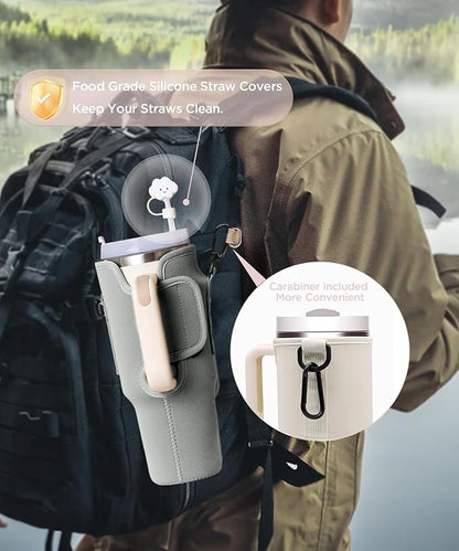 dabria Water Bottle Carrier Bag with Phone Pocket for Stanley 40/30 oz Tumbler Neoprene Water Bottle Holder Pouch with Adjustable Strap Bollus with Straw Cover & Carabiner for Stanley Cup Accessories