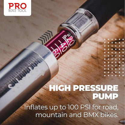 Pro Bike Tool Mini Bike Pump - Compact and Portable Bicycle Tire Pump for Fast Inflation - Compatible with Presta and Schrader Valves - Lightweight and Durable Design - Essential Bicycle Accessories
