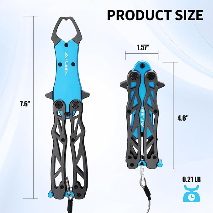 FLISSA Folding Fish Gripper with Lanyard, Lightweight Aluminum Fish Grabber, Portable Fish Lip Gripper Holder for Saltwater and Freshwater Fishing