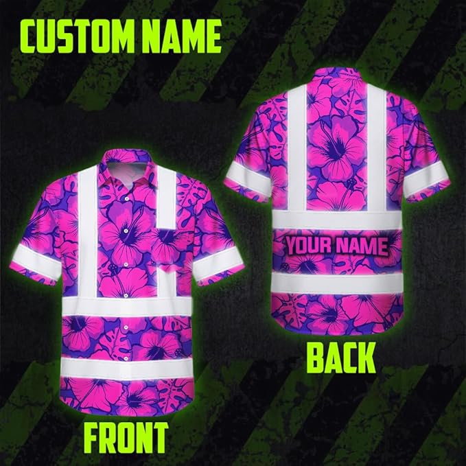High Visibility Hawaiian Shirt for Men Tropical Shirts Custom Name Floral Outfit Reflective Safety Workwear