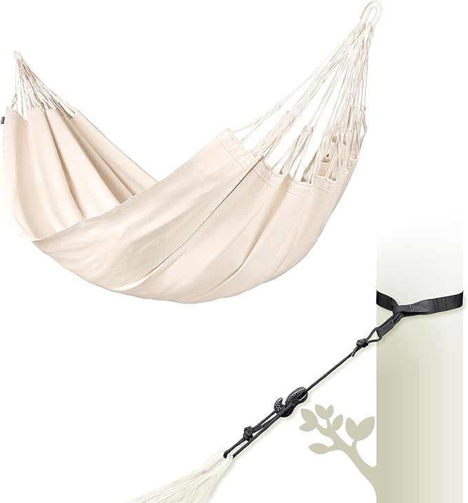 LA SIESTA® Modesta Organic Cotton Hammock & Tree Mount Kit, Beams & Posts Hammock Straps - Indoor Outdoor Hammock Swing, Portable Hammock for Outside Patio Bed - 2 Person Hammock, XL King, Latte