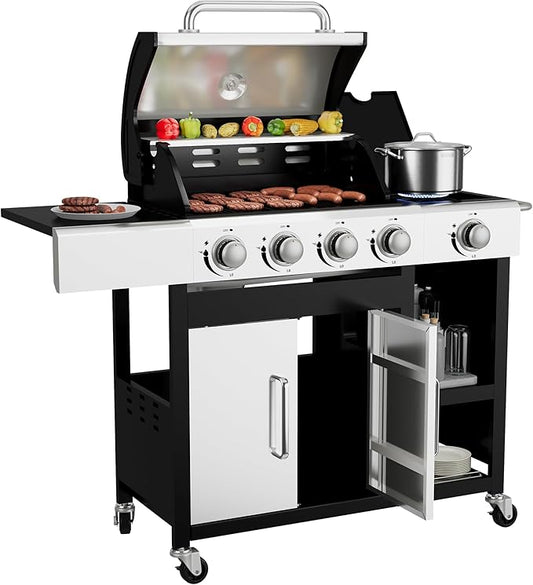 MELLCOM 4-Burner Propane Gas Grill with Side Burner- 49,000 BTU Stainless Steel BBQ Grill with Cabinet, Porcelain-Enameled Cast Iron Grates for Outdoor Cooking, Patio, Backyard