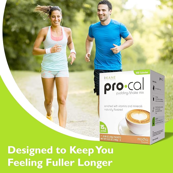 R-Kane Nutritionals Pro-Cal Pudding/Shake Mix, Low Calorie Protein Shake Powder, Meal Replacement Shakes, Mocha-Flavored Boost Drink, 15g Protein, 7 Packets per Box