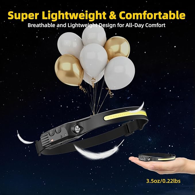 Rechargeable Headlamp 2PCS, Motion Sensor 230° Head Lamp, Hard Hat Light for Adults, Headlight for Forehead, LED Headband Flashlight for Work, Running, Camping Essentials Gear