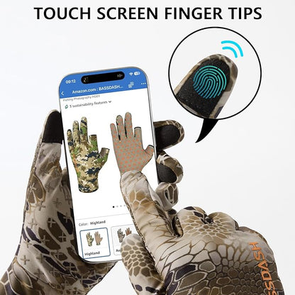 BASSDASH Men’s Camo Hunting Gloves UPF 50+ Lightweight Touchscreen Gloves for Warm Weather Fishing Hiking Outdoor Activities