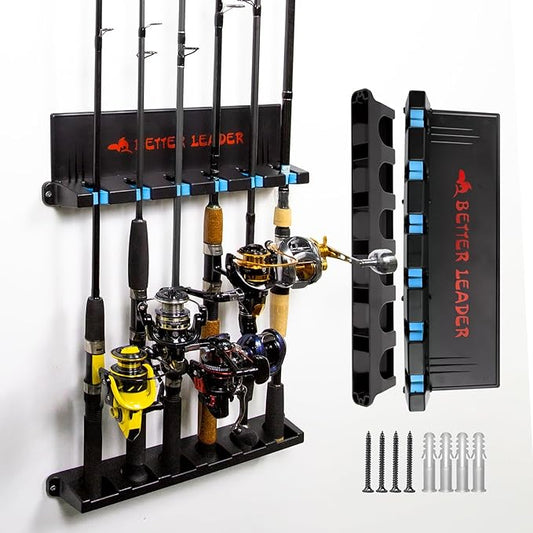 Vertical Fishing Rod Holder for Garage, Fishing Pole Holders- Holds Up to 6 Rods or Combos, Wall Mount Fishing Pole Rack, Fits Most Rods of Diameter 3-19mm, Fishing Gifts for Men