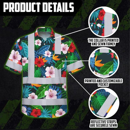 High Visibility Hawaiian Shirt for Men Tropical Shirts Custom Name Floral Outfit Reflective Safety Workwear