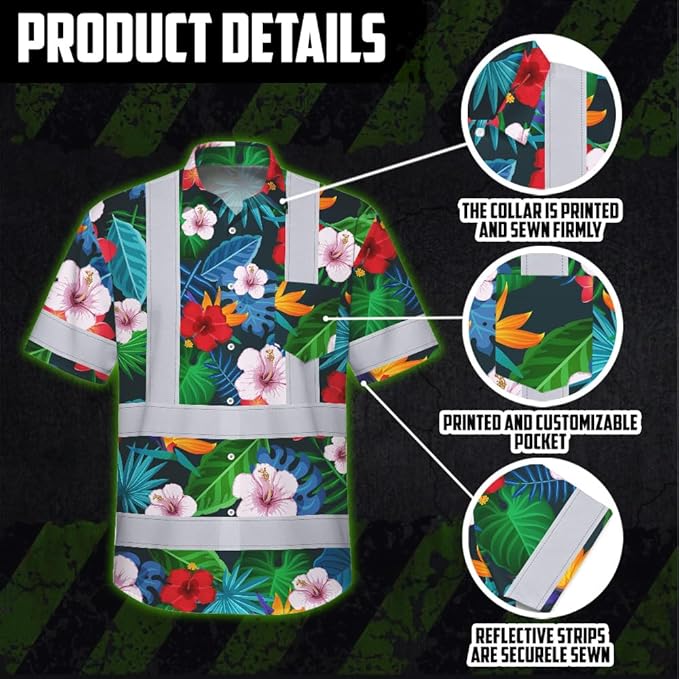High Visibility Hawaiian Shirt for Men Tropical Shirts Custom Name Floral Outfit Reflective Safety Workwear