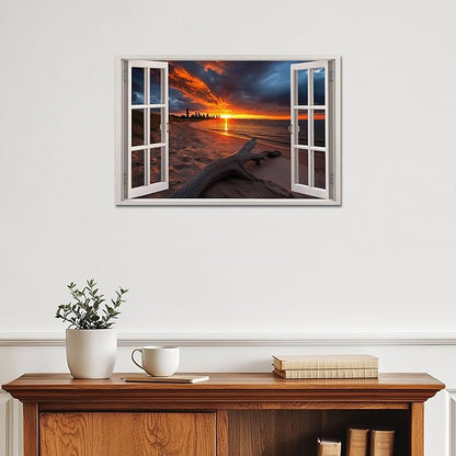 ANRUOXI Beach Window Canvas Wall Art, Bedroom Living Room Ocean Sunset Coastal Scene Picture, Tropical Sea Tree Landscape Painting Print Artwork Horizontal Seascape Artwork for Bedroom 12x18 Inch