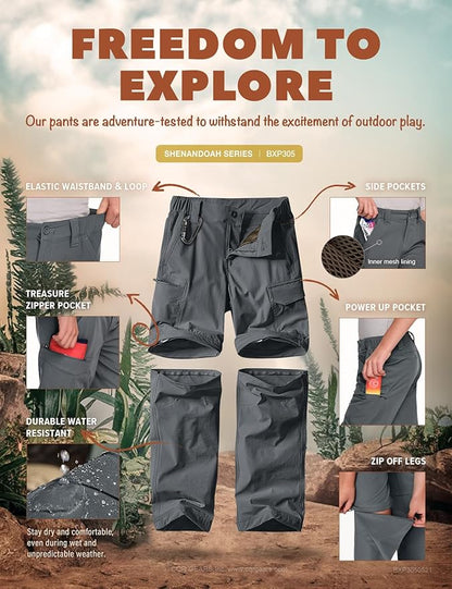 CQR Kids Youth Hiking Cargo Pants, UPF 50+ Quick Dry Convertible Zip Off Pants, Outdoor Camping Pants